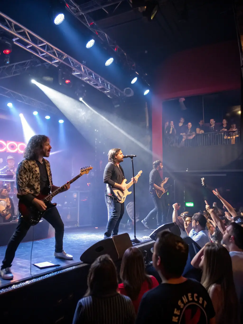 A vibrant photograph capturing a live music performance organized by KERO'SCENES, featuring local musicians on stage with an enthusiastic audience in Fleury-sur-Orne.