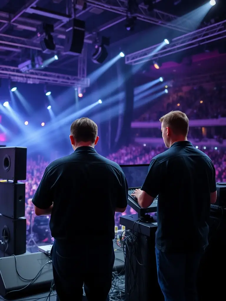A photo of KERO'SCENES staff setting up professional sound equipment at an outdoor concert venue, ensuring high-quality audio for the audience.