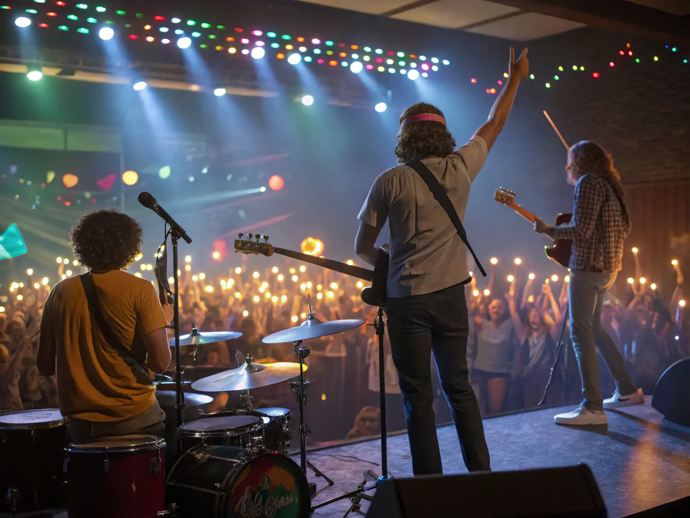 A dynamic image capturing a live music event organized by KERO'SCENES, featuring a band performing on stage with professional sound equipment and enthusiastic audience members.