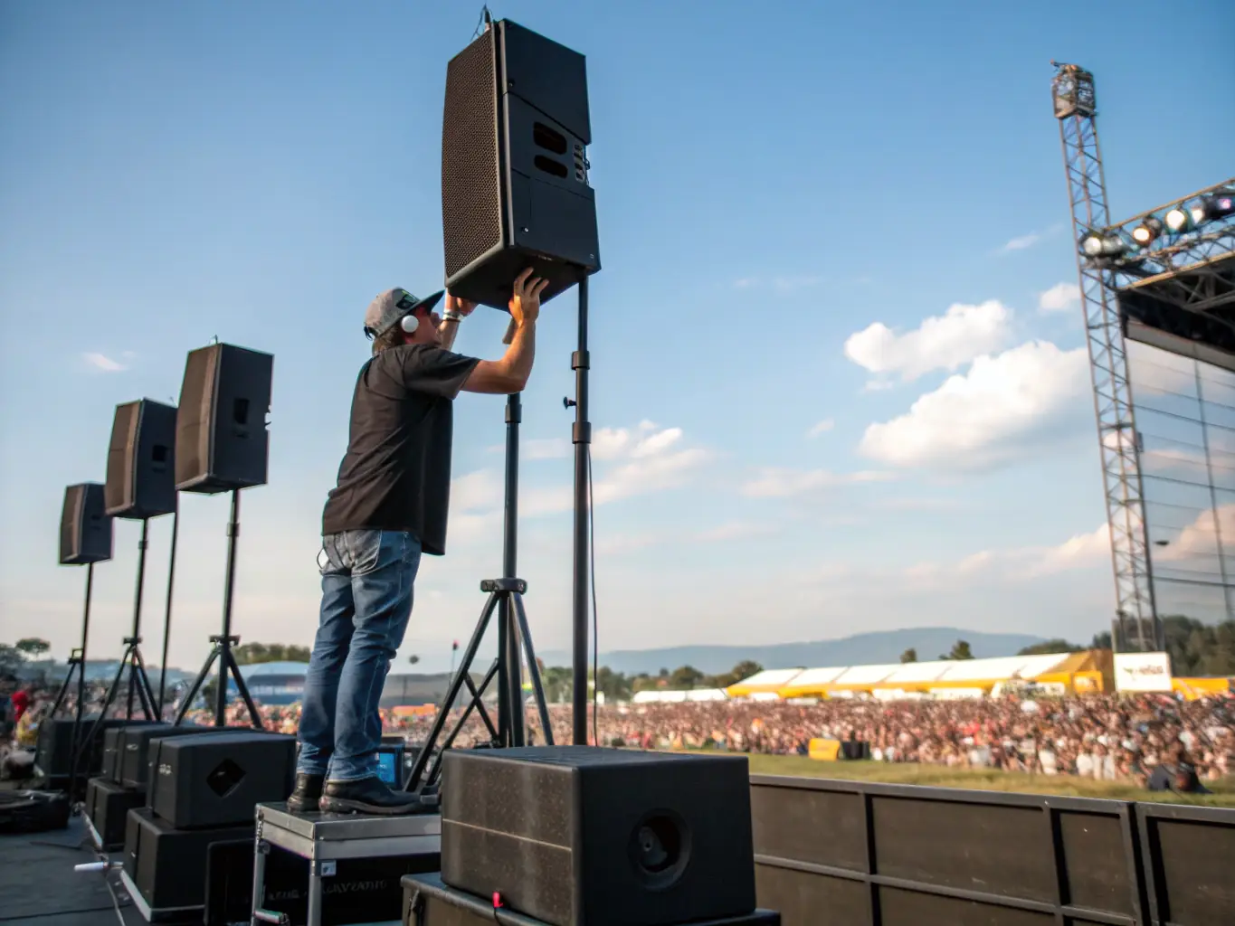 An image showcasing KERO'SCENES providing sound services at an outdoor event, with a sound engineer adjusting equipment and ensuring optimal audio quality.
