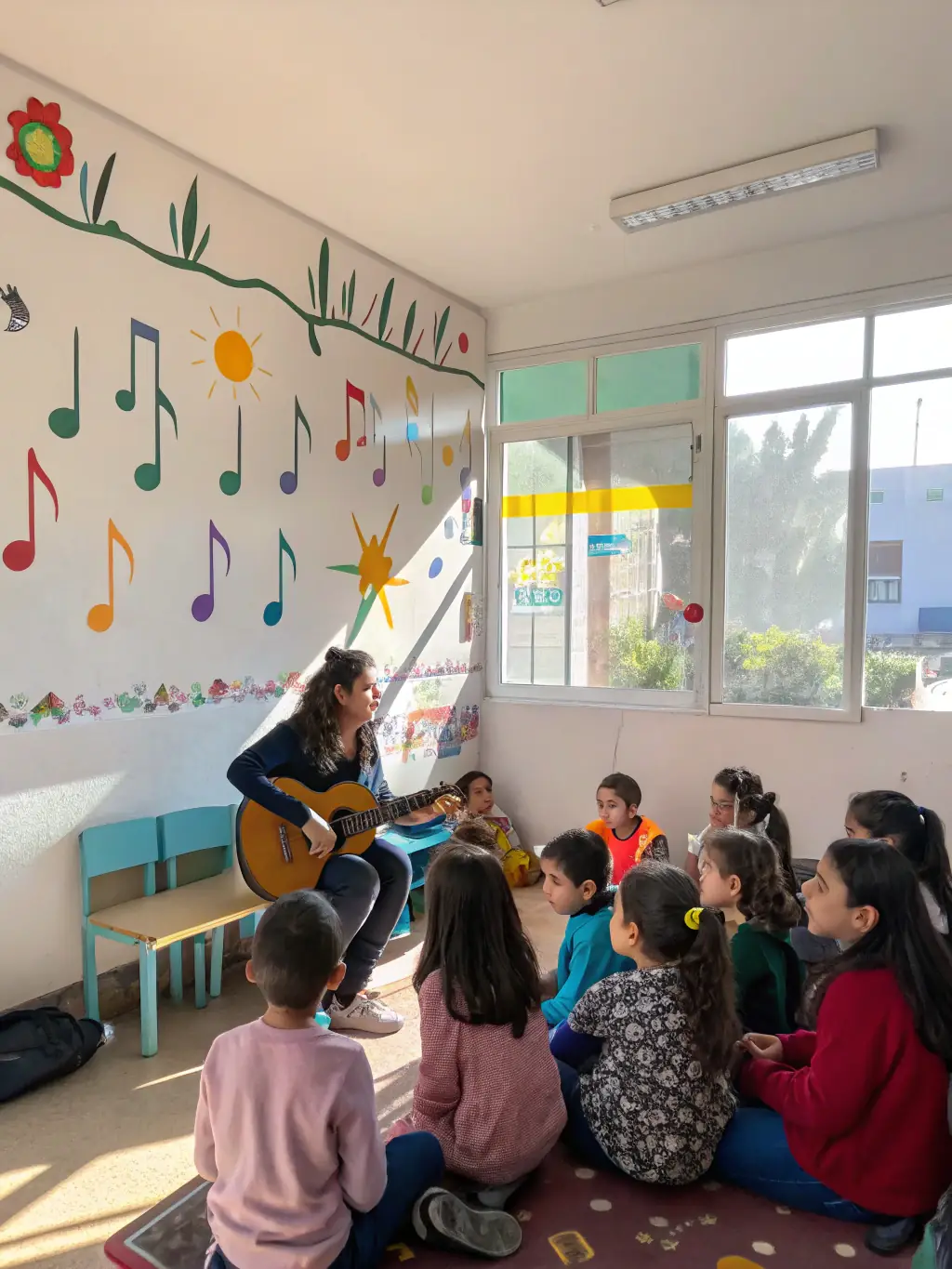 A photo capturing a KERO'SCENES organized music workshop, where local artists are mentoring young musicians, fostering creativity and skill development.