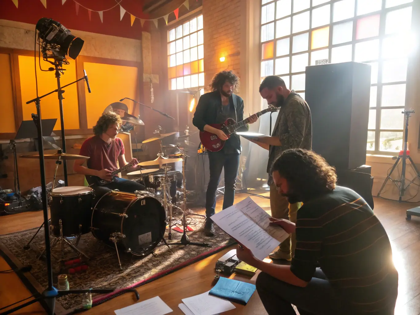 A photo of local musicians collaborating and rehearsing, highlighting KERO'SCENES' support for emerging talent.