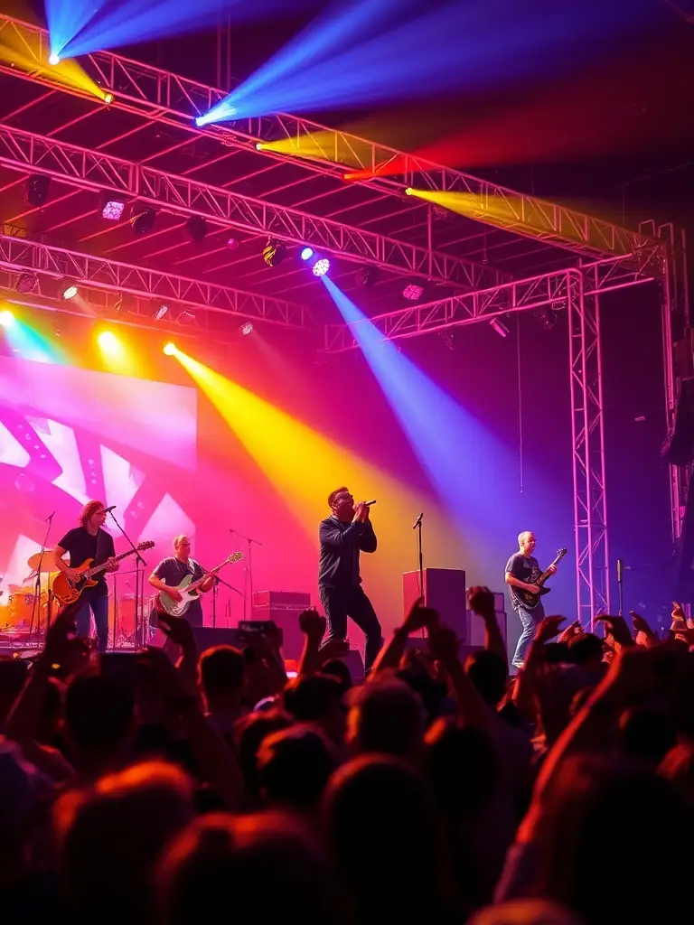 A vibrant photo of the FAITS DIVERS band performing live on stage at a local music festival, showcasing their energy and musical talent.